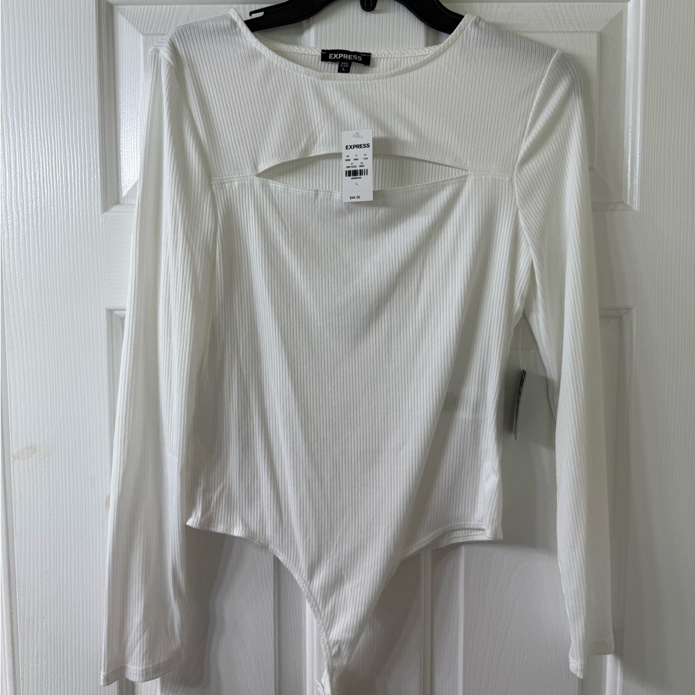Express Ivory Ribbed Cutout Bodysuit